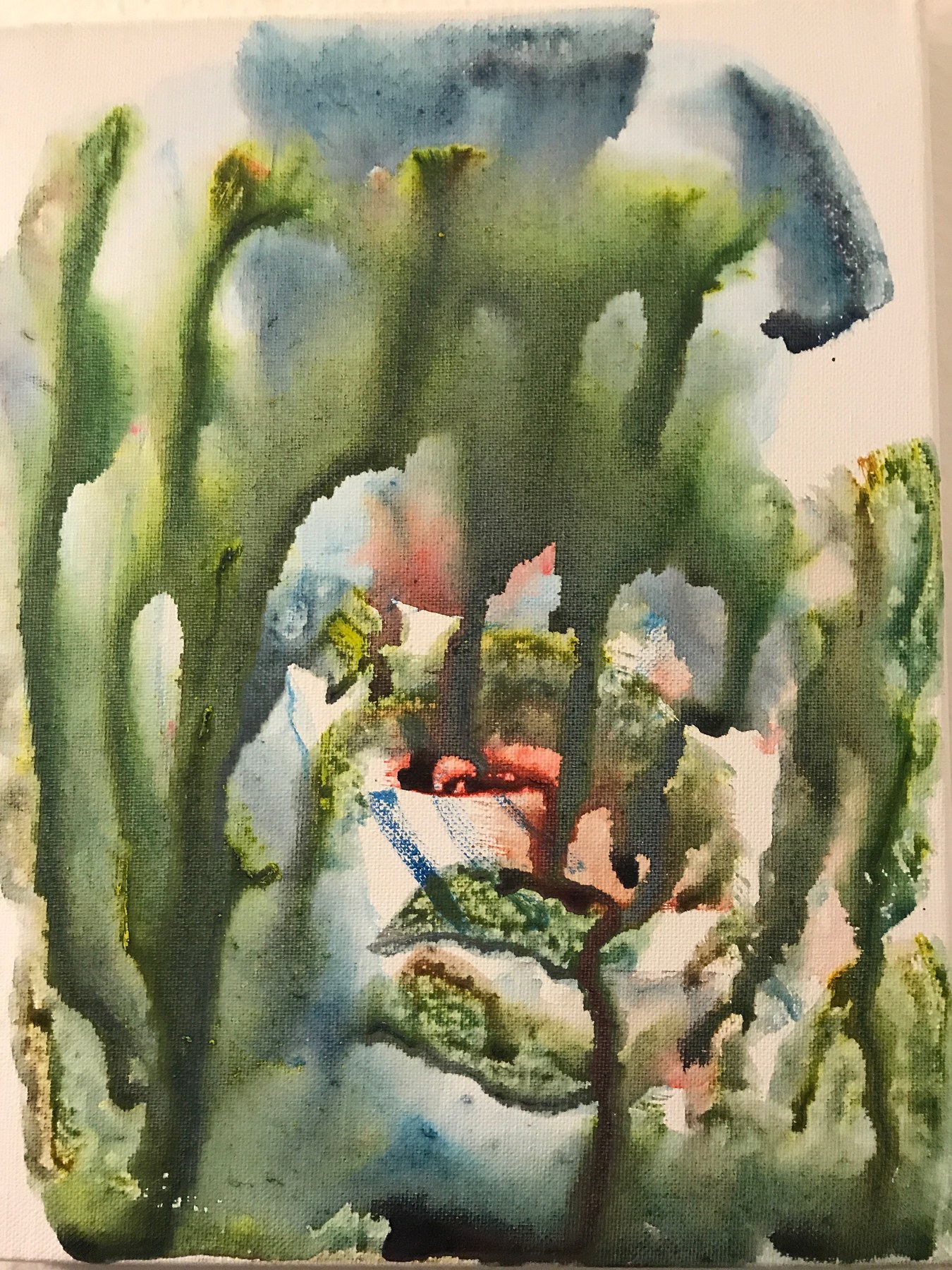 Expressive green, blue, and coral watercolor composition